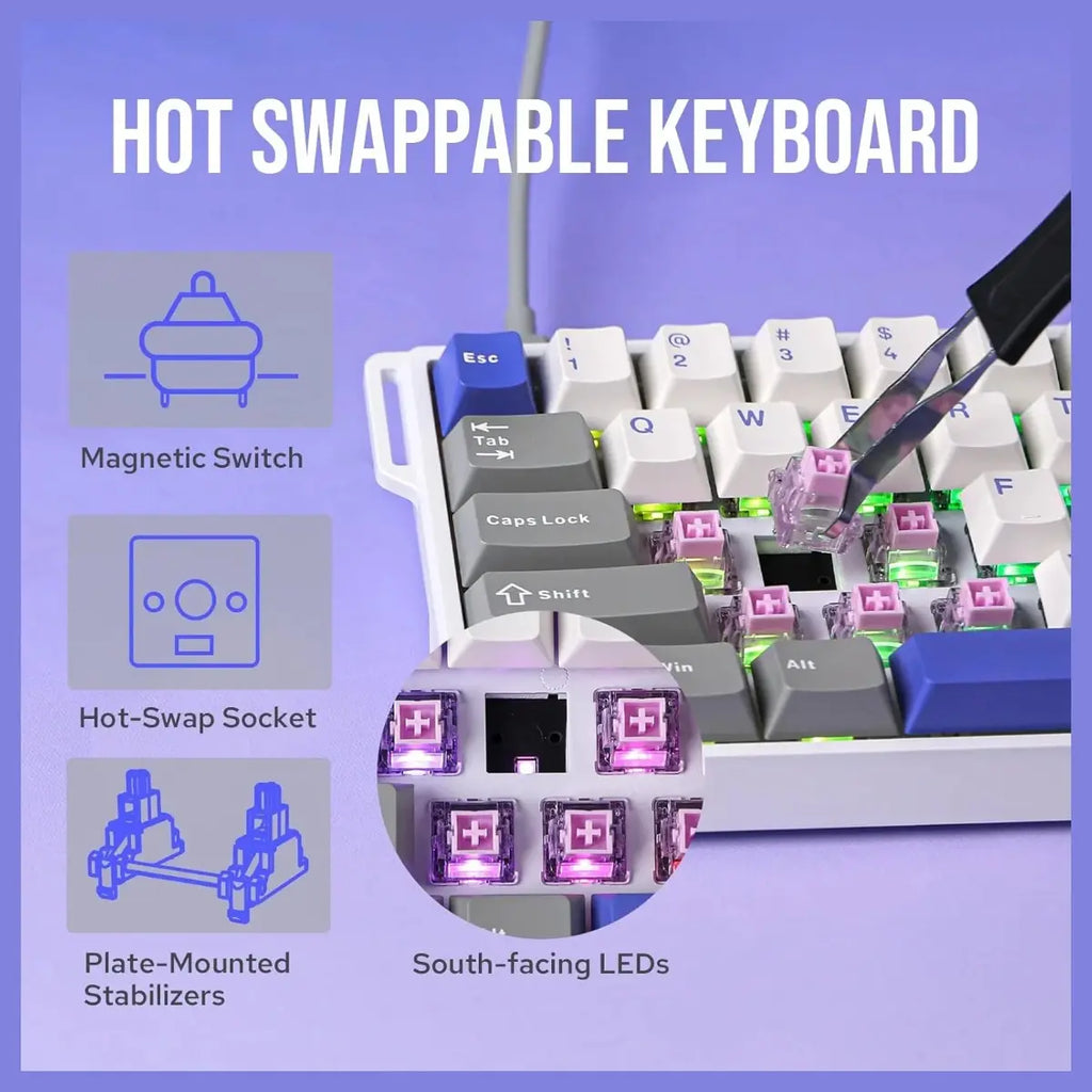 AULA WIN60 HE Max 61-Key RGB 60% Wired Magnetic Switch Gaming Keyboard, Hall Effect Magnetic Switch, 8000Hz Polling Rate, 0.3ms Latency Tested, Grey/White/Blue