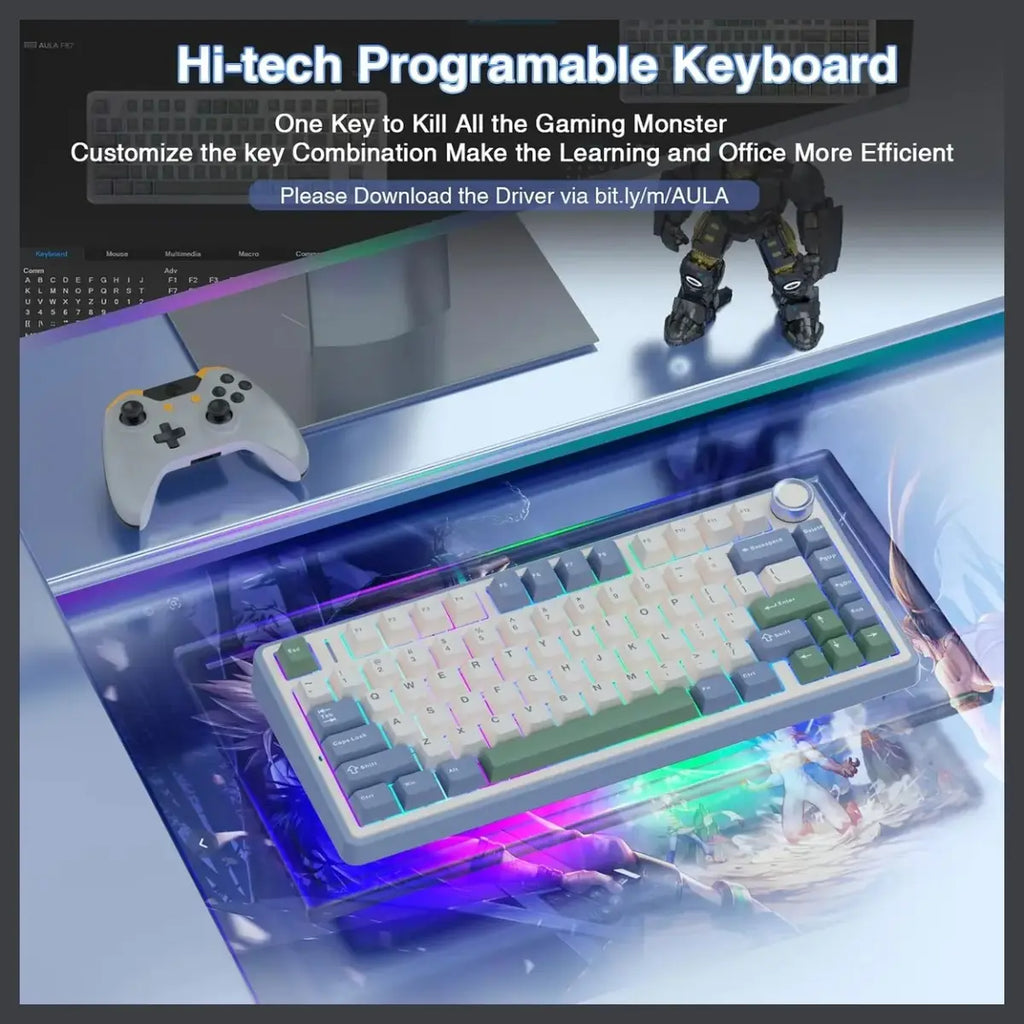 Aula F75 Wind Series 75% Wireless RGB Mechanical Gaming Keyboard, Tri-Mode Bluetooth 2.4GHz And USB, Hot-Swap Pre-Lubed Switches, 4000mAh Battery, Black Dark Gray