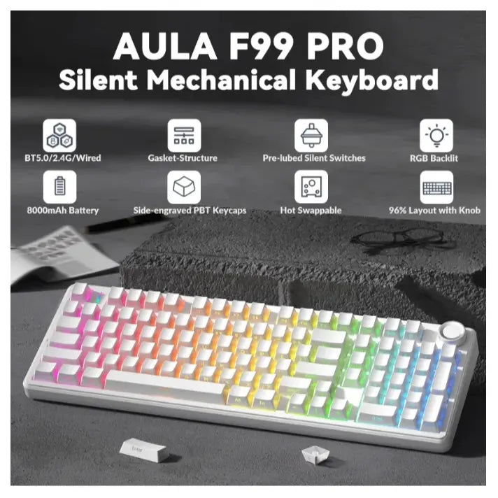 AULA F99 Pro Mechanical Keyboard With Knob, 96% 100 Keys 1800 Layout, Gasket-Mounted Flex-Cut Hot Swappable PCB, Bluetooth 5.0 Wireless and Wired 8000mAh Battery, South-Facing RGB Backlight, Silent Cotton Candy Switch, White