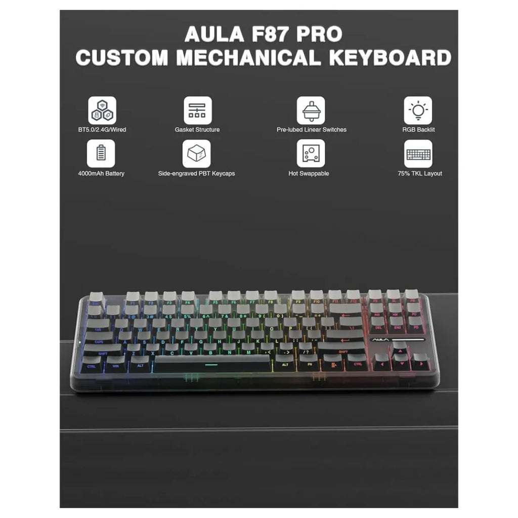AULA F87 PRO Mechanical Keyboard, 87 Keys TKL ANSI, Space Crystal Switch, Hot Swap, RGB Backlight, Wireless and Wired 2.4GHz Bluetooth USB-C, Black and Gray