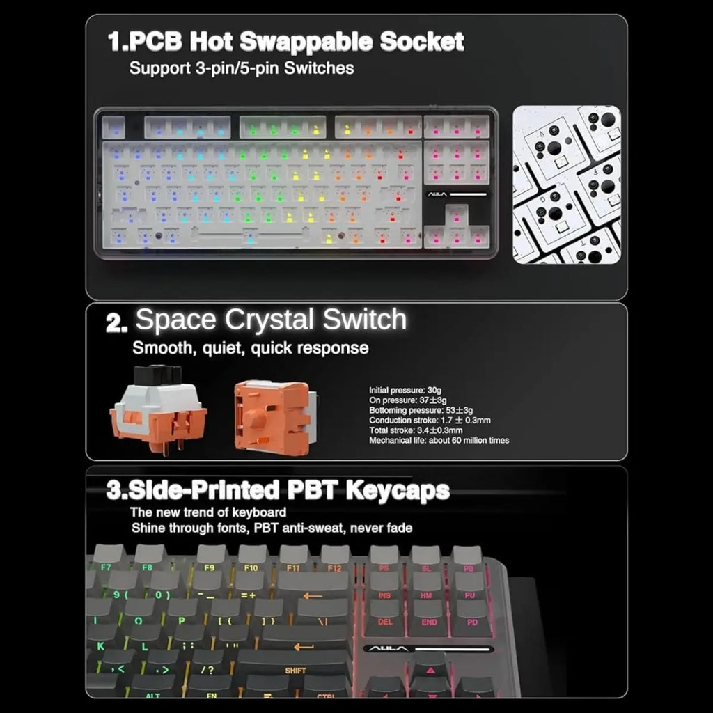 AULA F87 PRO Mechanical Keyboard, 87 Keys TKL ANSI, Space Crystal Switch, Hot Swap, RGB Backlight, Wireless and Wired 2.4GHz Bluetooth USB-C, Black and Gray