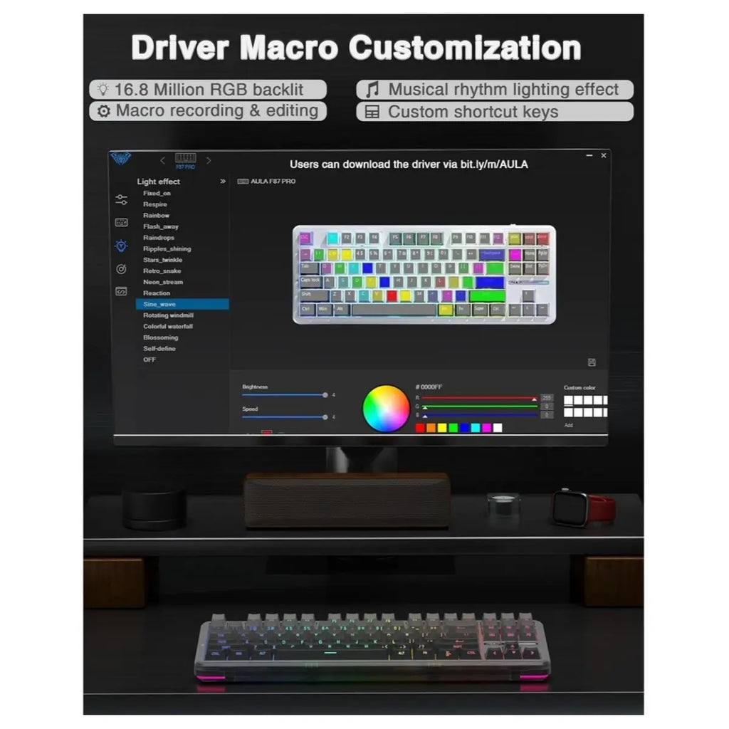 AULA F87 PRO Mechanical Keyboard, 87 Keys TKL ANSI, Space Crystal Switch, Hot Swap, RGB Backlight, Wireless and Wired 2.4GHz Bluetooth USB-C, Black and Gray