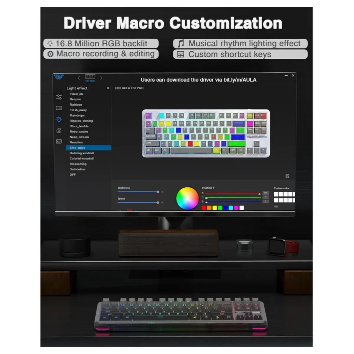AULA F87 PRO Mechanical Keyboard, 87 Keys TKL ANSI, Space Crystal Switch, Hot Swap, RGB Backlight, Wireless and Wired 2.4GHz Bluetooth USB-C, Black and Gray
