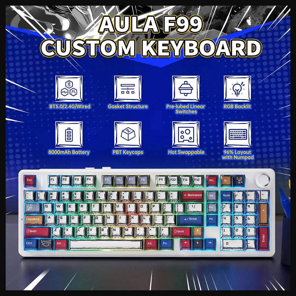 AULA F99 Pro Wireless Mechanical Gaming Keyboard, 96% Layout With Rotary Knob, Star Vector Switches, Tri-Mode Connectivity Bluetooth 5.0 2.4GHz And USB-C Wired, 8000mAh Battery, Comics-Star Vector