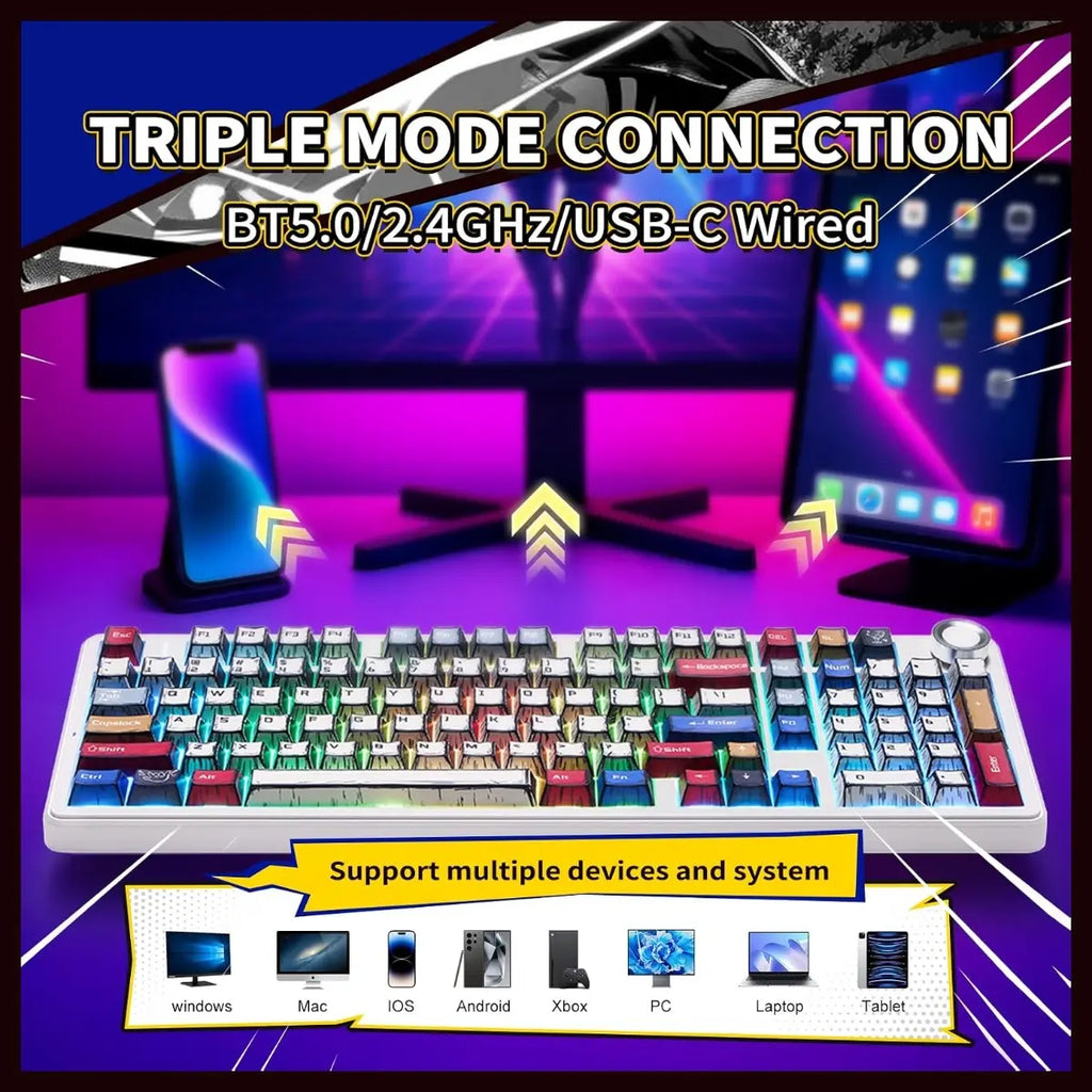 AULA F99 Pro Wireless Mechanical Gaming Keyboard, 96% Layout With Rotary Knob, Star Vector Switches, Tri-Mode Connectivity Bluetooth 5.0 2.4GHz And USB-C Wired, 8000mAh Battery, Comics-Star Vector