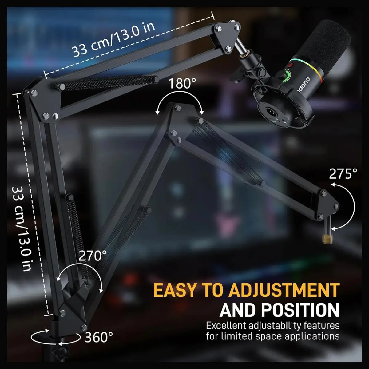 Maono BA20 Boom Arm Microphone Stand, Adjustable Metal Suspension Mic Boom Arm, Desk Clamp, 3/8" to 5/8" Screw Adapter, Max Load 1KG, Black