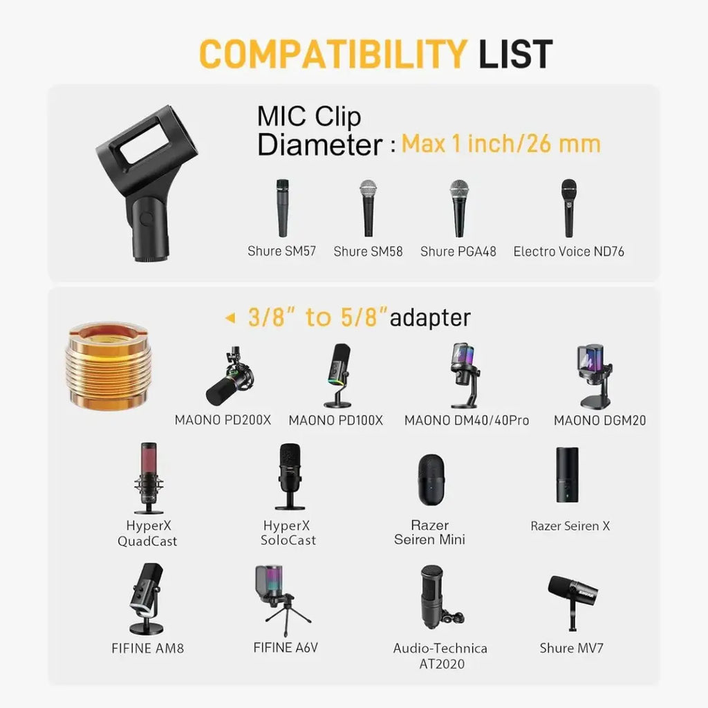 Maono BA20 Boom Arm Microphone Stand, Adjustable Metal Suspension Mic Boom Arm, Desk Clamp, 3/8" to 5/8" Screw Adapter, Max Load 1KG, Black