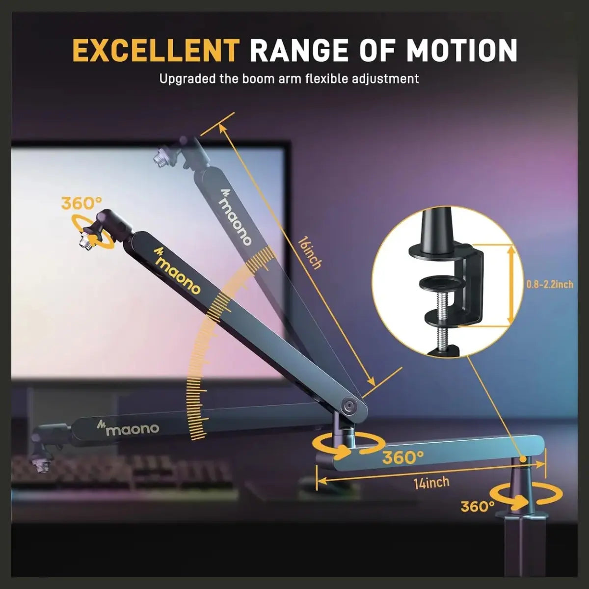 Maono BA92 Low Profile Mic Boom Arm, Built-in Cable Management, Heavy-Duty Adjustable Desk Clamp Up to 2.36", 3/8" or 5/8" Threads, Supports Up to 4.4lbs, Black Finish