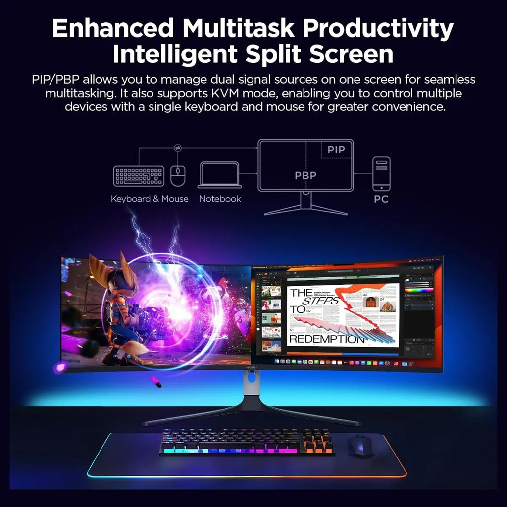 KOORUI S4941XO 49" OLED Gaming Monitor, 5120x1440 240Hz, 0.03ms GTG, FreeSync Premium AMD Adaptive Sync, HDR True Black 400, 98% DCI-P3, QD OLED, 1500000:1, Black