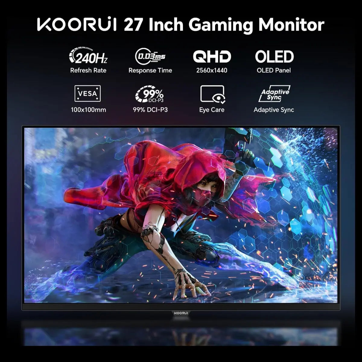 KOORUI S2721XO 27 Inch Gaming Monitor, 240Hz QD-OLED QHD 1440P, 0.03ms, HDR 400, Adaptive Sync, VESA Mountable, HDMI and DP