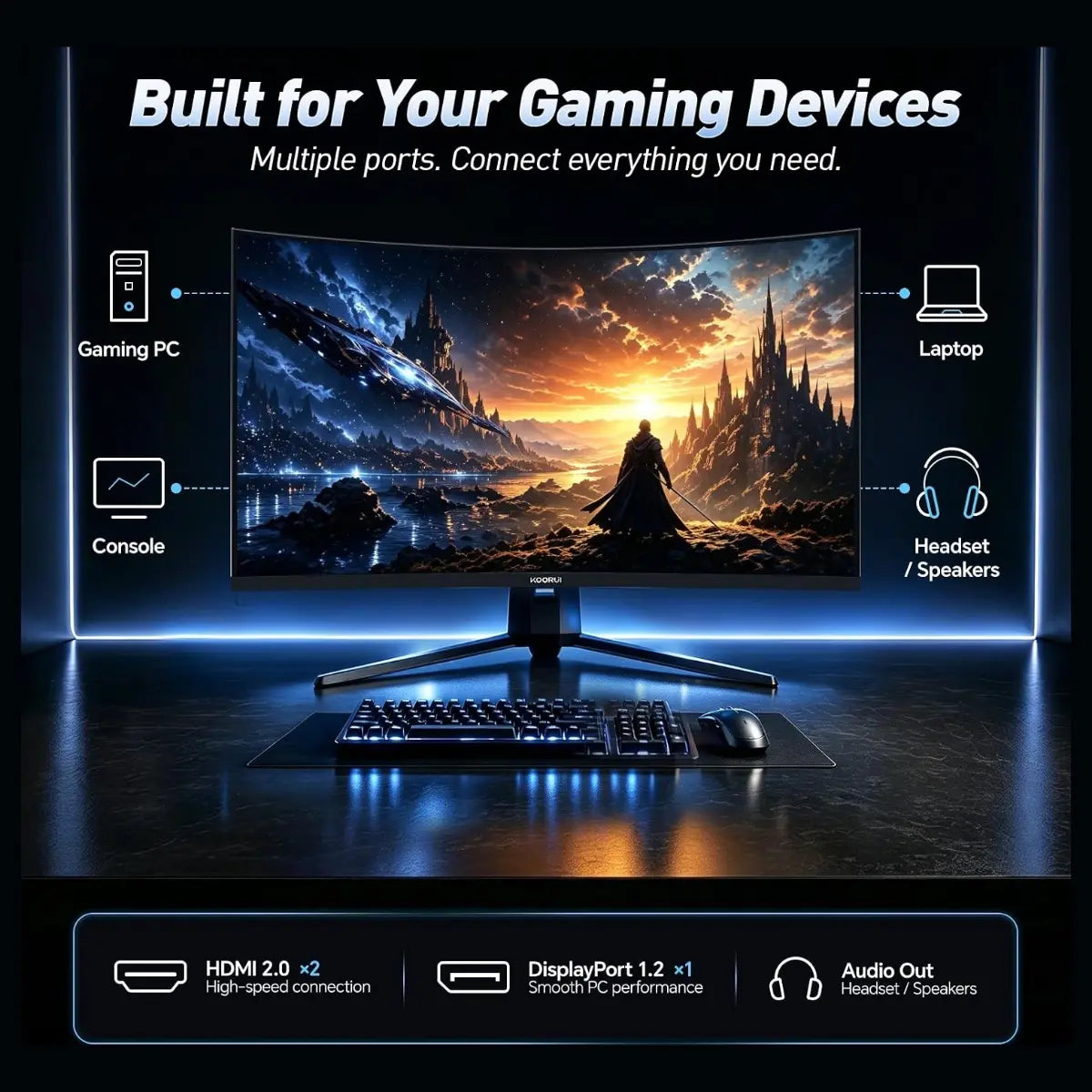KOORUI G3221SC 32 Inch Curved Gaming Monitor, QHD 2560x1440p 170Hz 1ms, 1500R, FreeSync Premium and G-SYNC Compatible, 95% DCI-P3, HDR10, HDMI x2 and DP