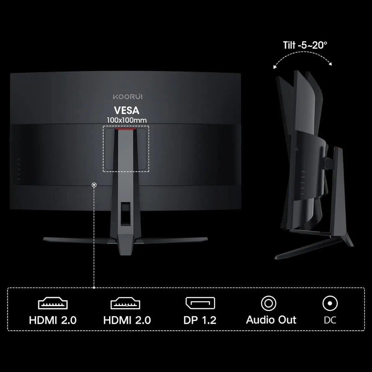 KOORUI G3221SC 32 Inch Curved Gaming Monitor, QHD 2560x1440p 170Hz 1ms, 1500R, FreeSync Premium and G-SYNC Compatible, 95% DCI-P3, HDR10, HDMI x2 and DP