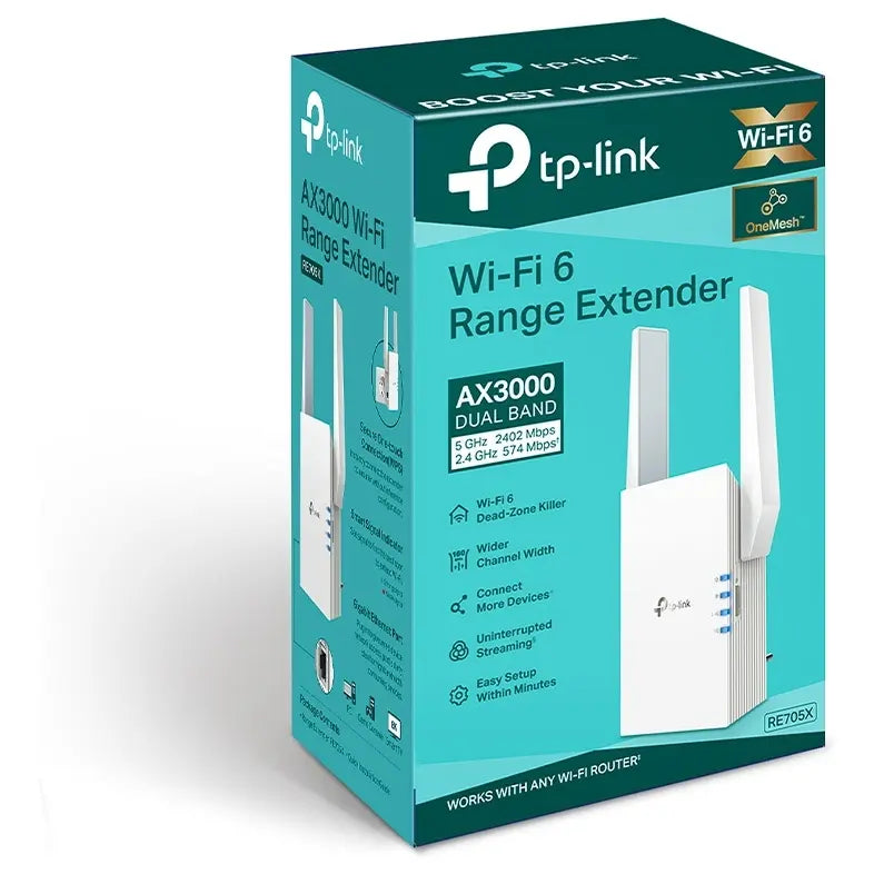 TP-Link RE705X AX3000 Mesh WiFi 6 Extender, Dual Band 2402Mbps 5GHz and 574Mbps 2.4GHz, OneMesh, AP Mode, Gigabit Ethernet Port