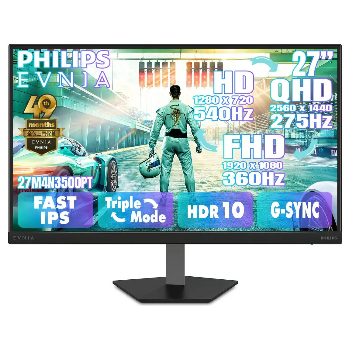 Philips Evnia 27M4N3500PT 27 Inch Gaming Monitor, Fast IPS 2560x1440 275Hz Triple-Mode 360Hz and 540Hz, 0.3ms Smart MBR, HDR10, HDMI 2.1 and DisplayPort 1.4, Adaptive Sync