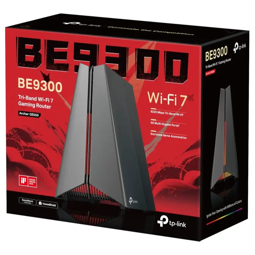 TP-Link Archer GE550 BE9300 Tri-Band Wi-Fi 7 Gaming Router, Up to 9220Mbps, 1x5Gbps WAN, 1x5Gbps LAN, 3x2.5Gbps LAN, EasyMesh Compatible