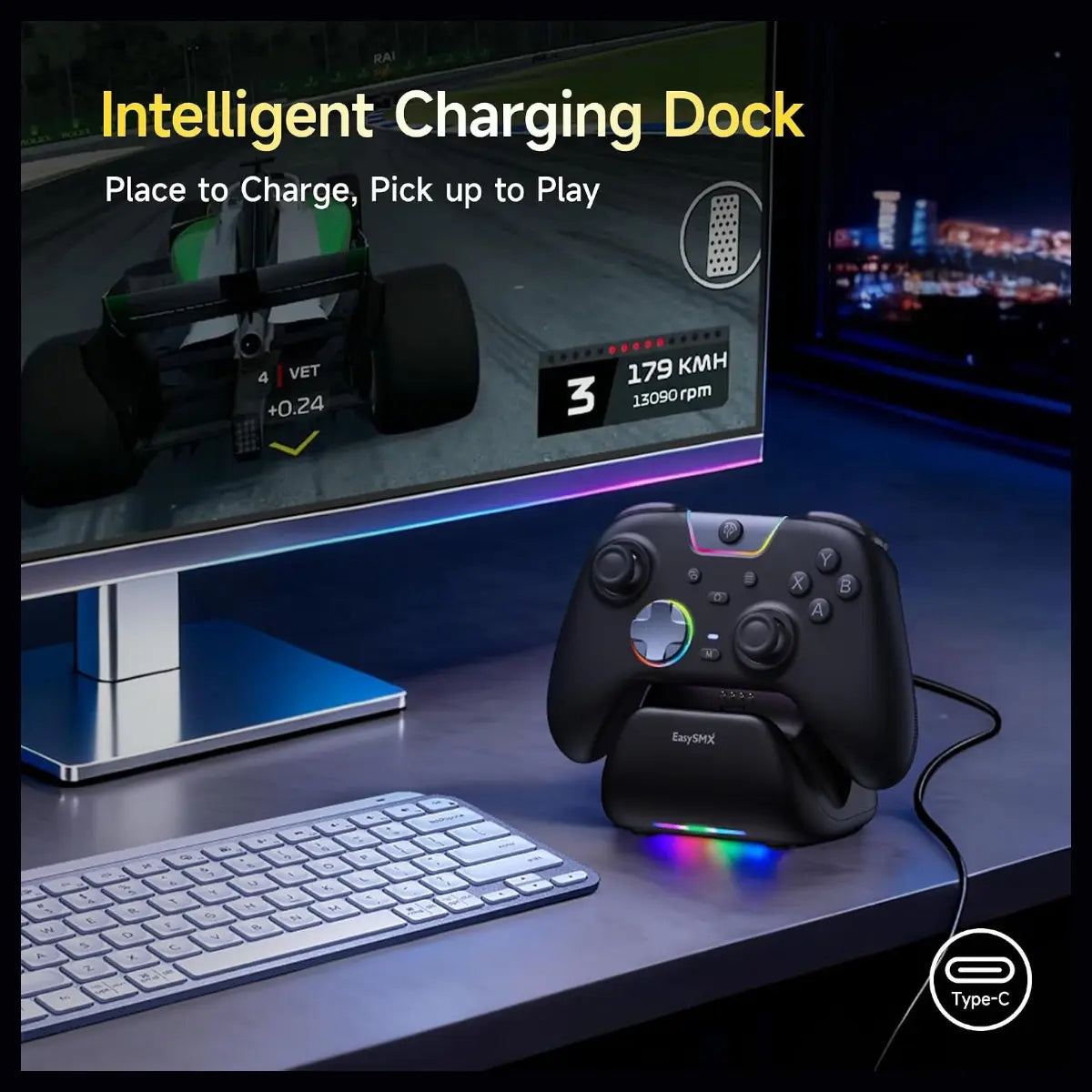 EasySMX X05Pro Wireless PC Gaming Controller with Smart Charging Dock, Hall Effect Joysticks, 1000Hz Polling, Dual-Stage Linear Triggers, PC Android iOS Switch Compatible, Black