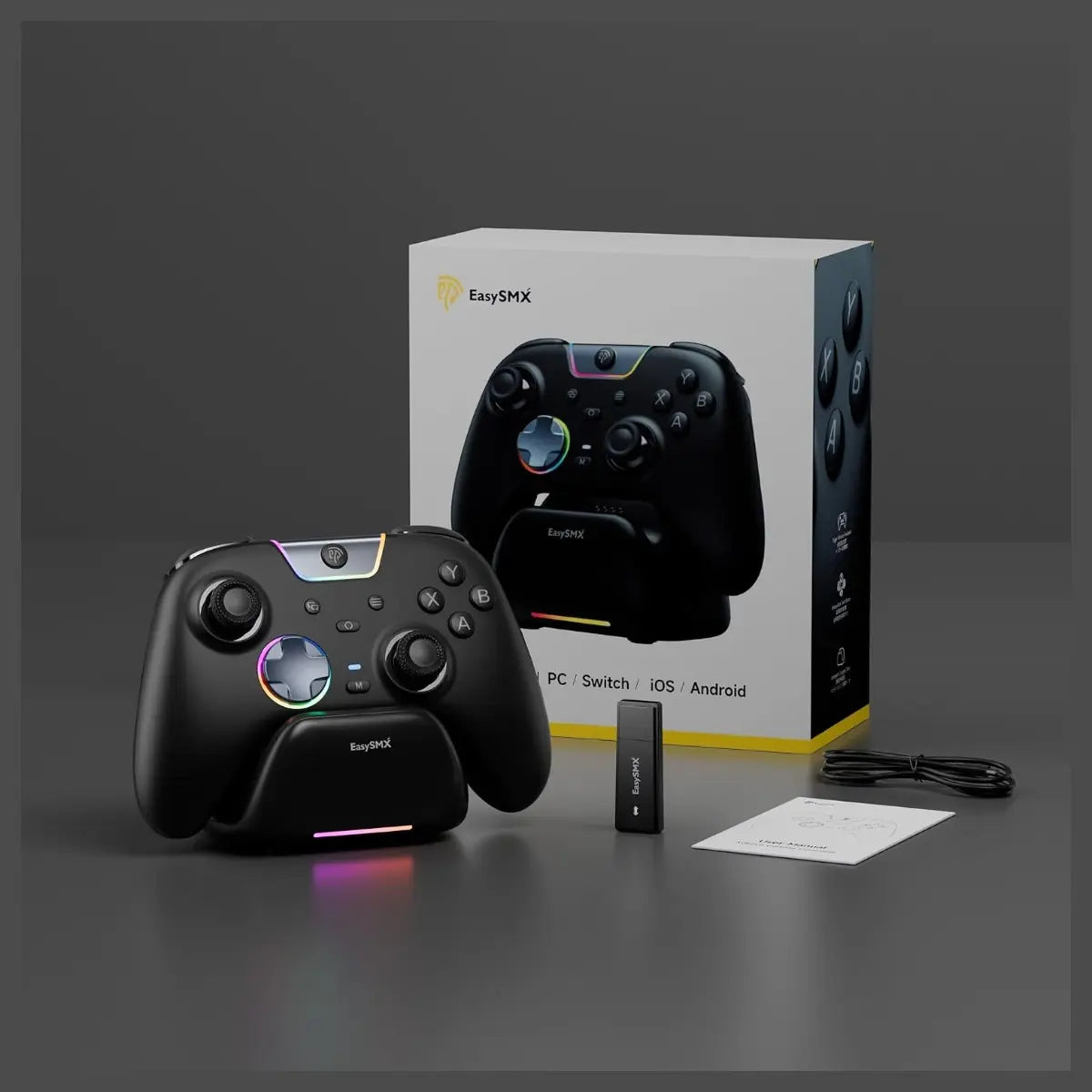 EasySMX X05Pro Wireless PC Gaming Controller with Smart Charging Dock, Hall Effect Joysticks, 1000Hz Polling, Dual-Stage Linear Triggers, PC Android iOS Switch Compatible, Black