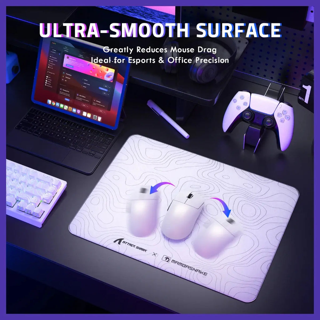 ATTACK SHARK CM05 Tempered Glass Gaming Mouse Pad, Ultra-Smooth Surface, 9H Tempered Glass, Low Surface Friction, Non-Slip PU Leather Bottom, 450x400mm or 410x310x5mm, White Contours