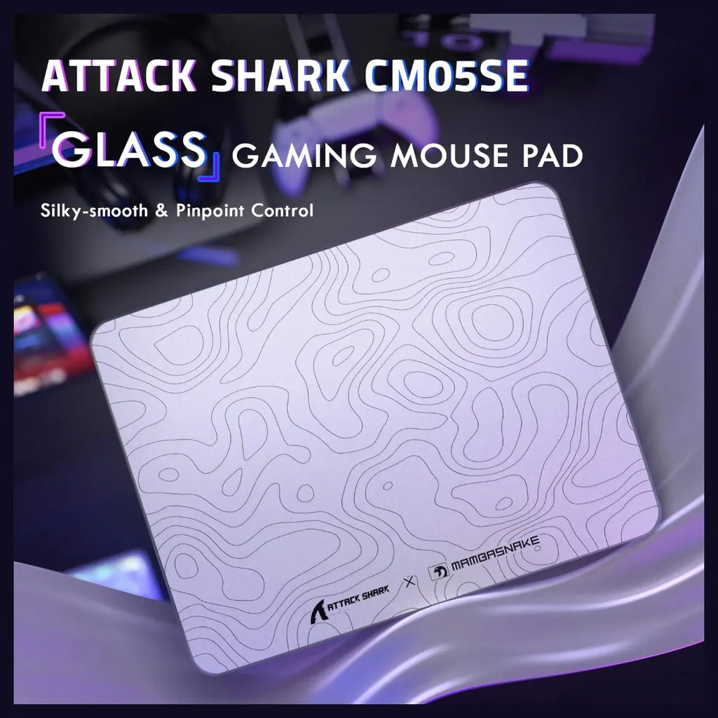 ATTACK SHARK CM05 Tempered Glass Gaming Mouse Pad, Ultra-Smooth Surface, 9H Tempered Glass, Low Surface Friction, Non-Slip PU Leather Bottom, 450x400mm or 410x310x5mm, White Contours