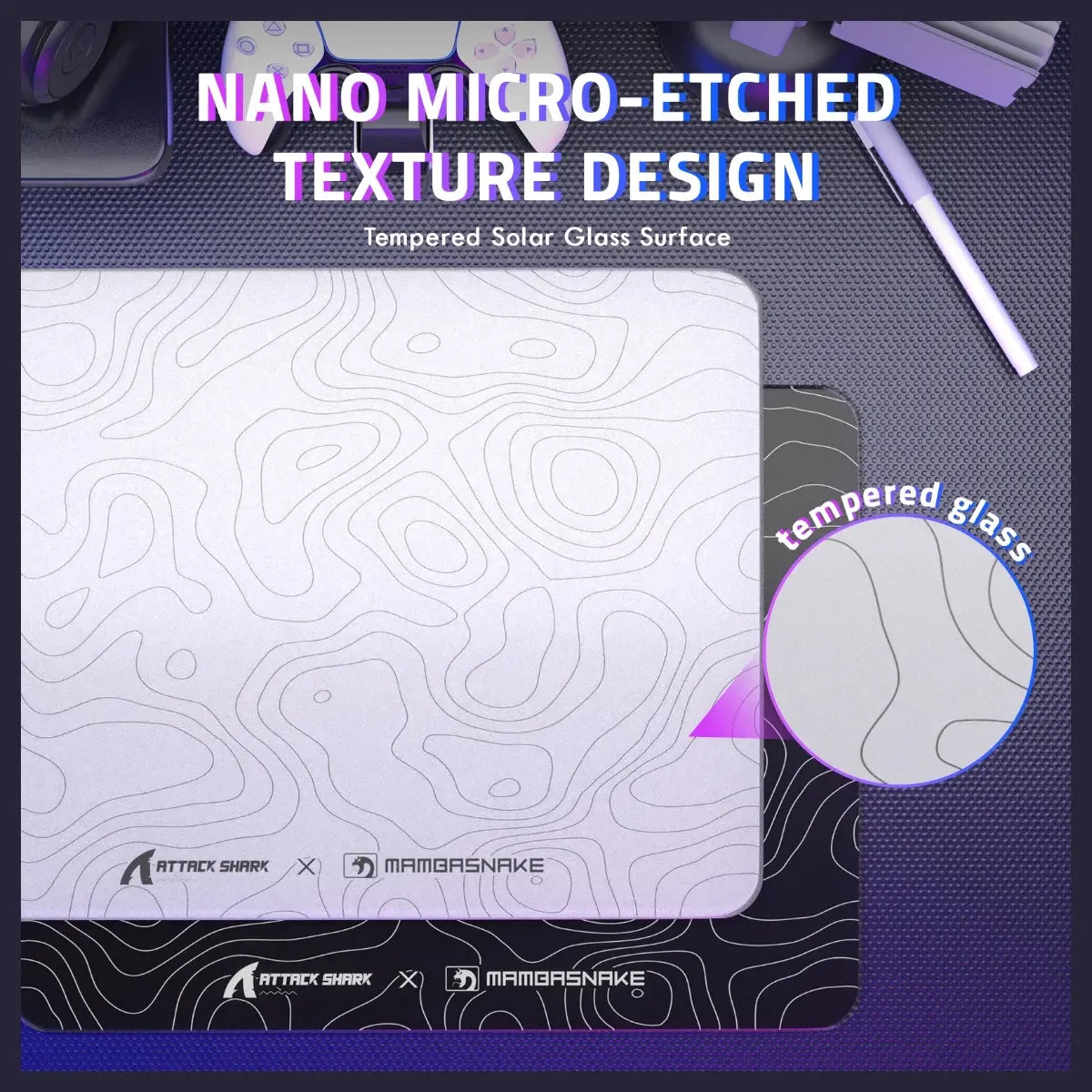 ATTACK SHARK CM05 Tempered Glass Gaming Mouse Pad, Ultra-Smooth Surface, 9H Tempered Glass, Low Surface Friction, Non-Slip PU Leather Bottom, 450x400mm or 410x310x5mm, White Contours