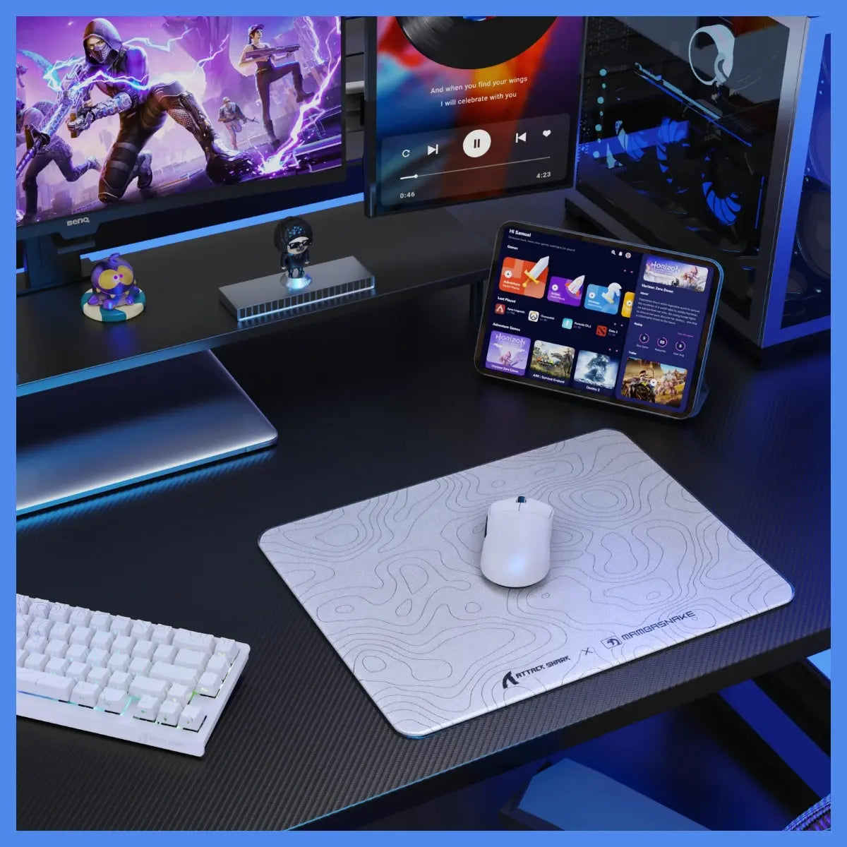 ATTACK SHARK CM05 Tempered Glass Gaming Mouse Pad, Ultra-Smooth Surface, 9H Tempered Glass, Low Surface Friction, Non-Slip PU Leather Bottom, 450x400mm or 410x310x5mm, White Contours
