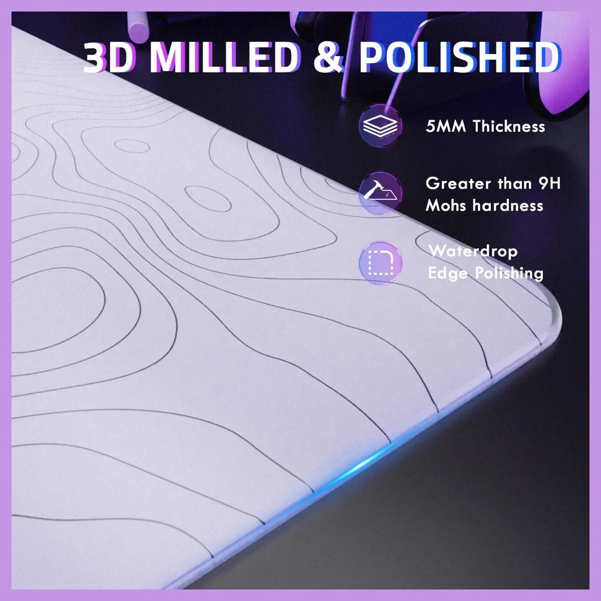ATTACK SHARK CM05 Tempered Glass Gaming Mouse Pad, Ultra-Smooth Surface, 9H Tempered Glass, Low Surface Friction, Non-Slip PU Leather Bottom, 450x400mm or 410x310x5mm, White Contours