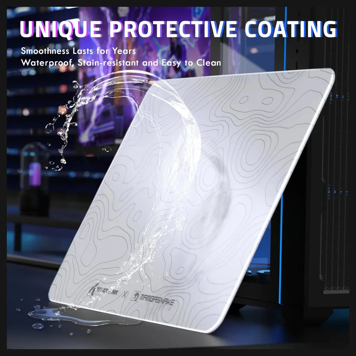 ATTACK SHARK CM05 Tempered Glass Gaming Mouse Pad, Ultra-Smooth Surface, 9H Tempered Glass, Low Surface Friction, Non-Slip PU Leather Bottom, 450x400mm or 410x310x5mm, White Contours