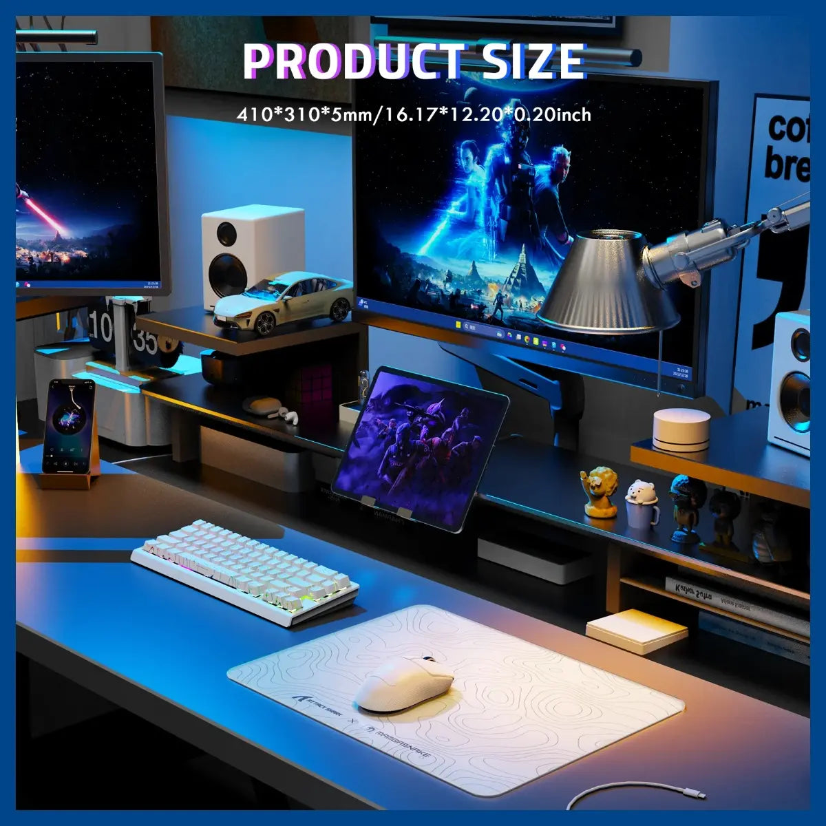 ATTACK SHARK CM05 Tempered Glass Gaming Mouse Pad, Ultra-Smooth Surface, 9H Tempered Glass, Low Surface Friction, Non-Slip PU Leather Bottom, 450x400mm or 410x310x5mm, White Contours