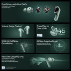 OnePlus Buds 4 TWS Earbuds, up to 55dB Real-Time ANC and Adaptive Mode, Dual Drivers and DACs, 3D Audio, up to 45hrs Playback, Dual-Device Connectivity, 47ms Low Latency, Storm Gray E513A