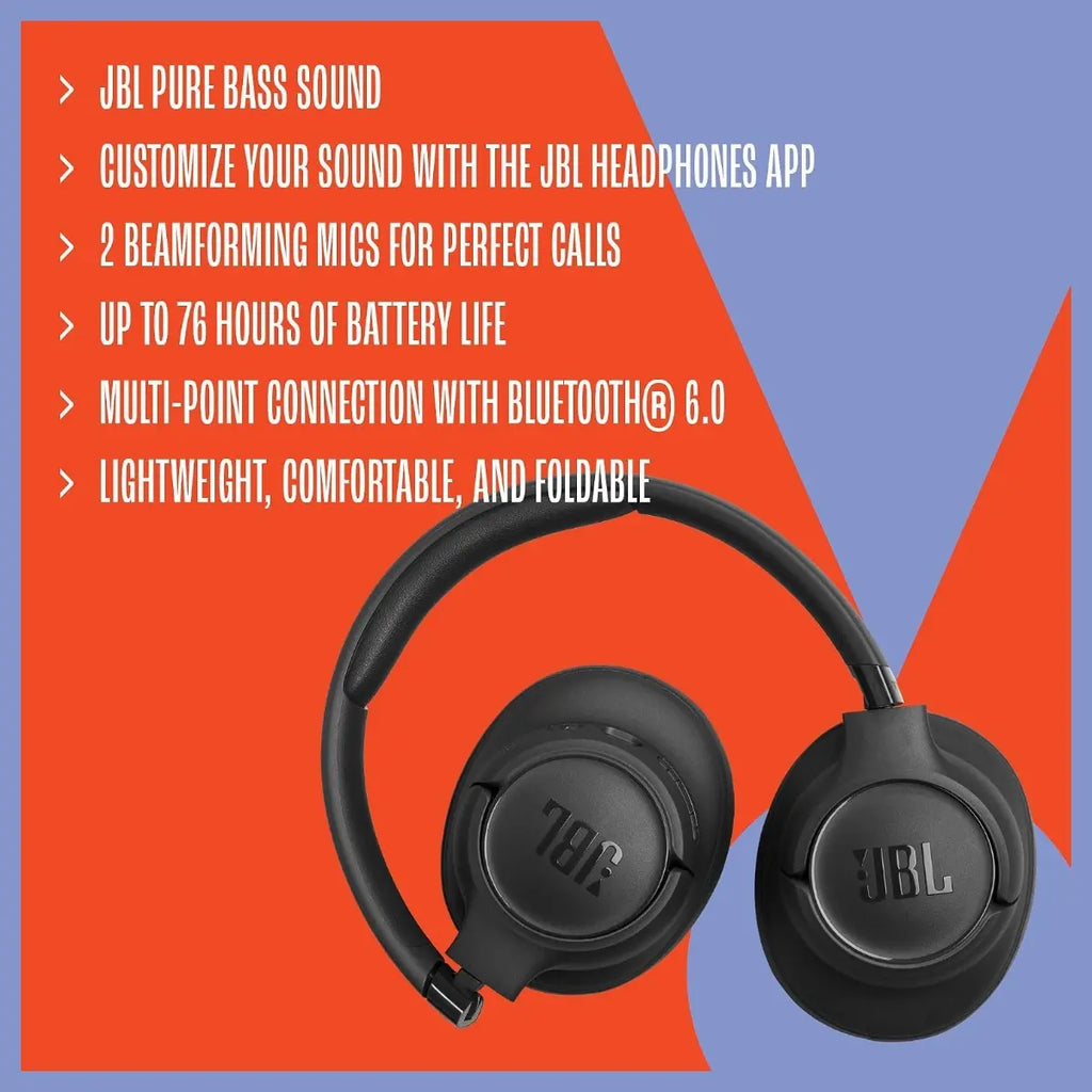 JBL Tune 730BT Wireless Over-Ear Headphones, Bluetooth 6.0, JBL Pure Bass Sound, Up to 76 Hours Battery Life, 2 Beamforming Mics, Multi-Point Connection, Blue, JBLT730BTBLU