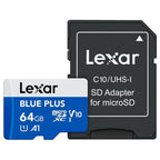 Lexar Blue Plus 64GB MicroSDXC Memory Card, UHS-I Up to 100MB/s Read, C10 A1 U1 V10, with SD Adapter