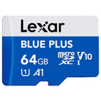 Lexar Blue Plus 64GB MicroSDXC Memory Card, UHS-I Up to 100MB/s Read, C10 A1 U1 V10, with SD Adapter