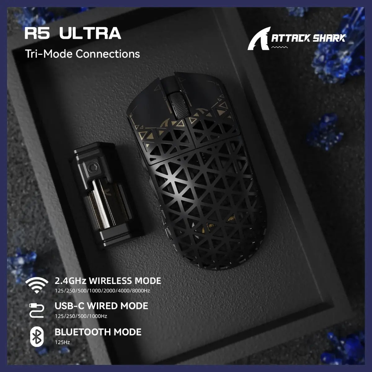 ATTACK SHARK R5 ULTRA Carbon Fiber Wireless Gaming Mouse, PixArt PAW3950MAX Sensor, Up to 42000 DPI, 8000Hz Wireless Polling Rate, BT and 2.4G Wireless and Wired, Black