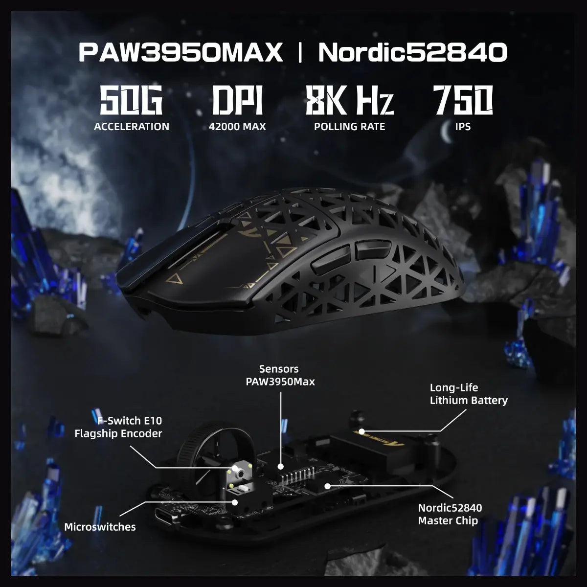 ATTACK SHARK R5 ULTRA Carbon Fiber Wireless Gaming Mouse, PixArt PAW3950MAX Sensor, Up to 42000 DPI, 8000Hz Wireless Polling Rate, BT and 2.4G Wireless and Wired, Black