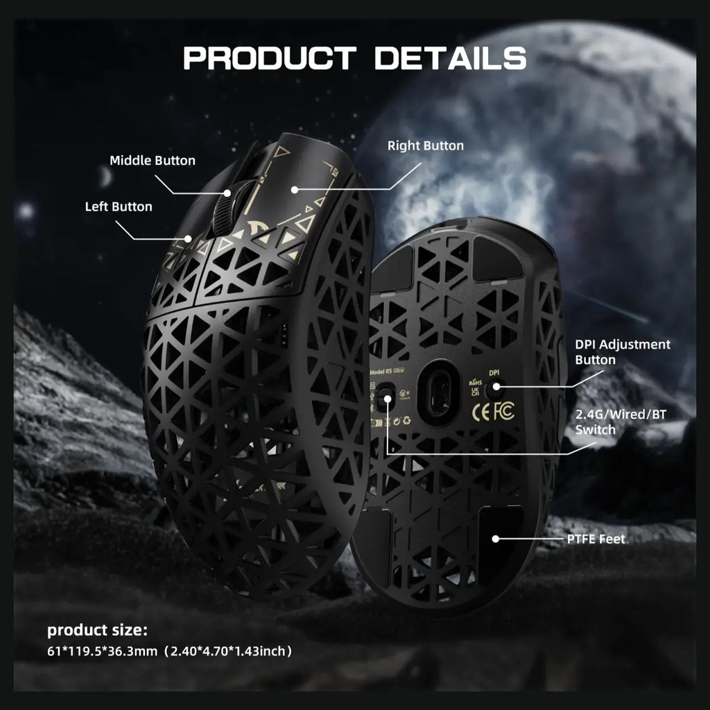 ATTACK SHARK R5 ULTRA Carbon Fiber Wireless Gaming Mouse, PixArt PAW3950MAX Sensor, Up to 42000 DPI, 8000Hz Wireless Polling Rate, BT and 2.4G Wireless and Wired, Black