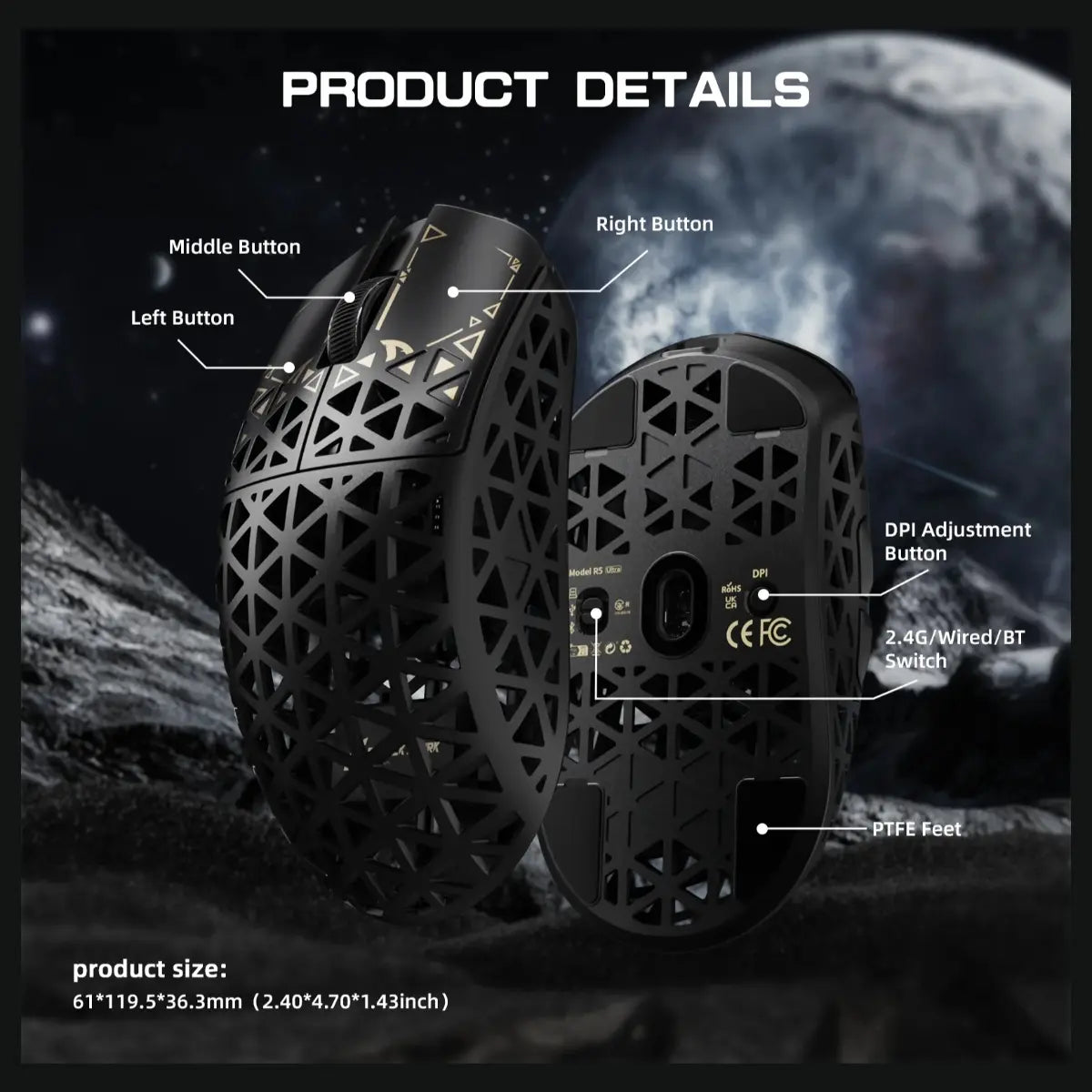 ATTACK SHARK R5 ULTRA Carbon Fiber Wireless Gaming Mouse, PixArt PAW3950MAX Sensor, Up to 42000 DPI, 8000Hz Wireless Polling Rate, BT and 2.4G Wireless and Wired, Black