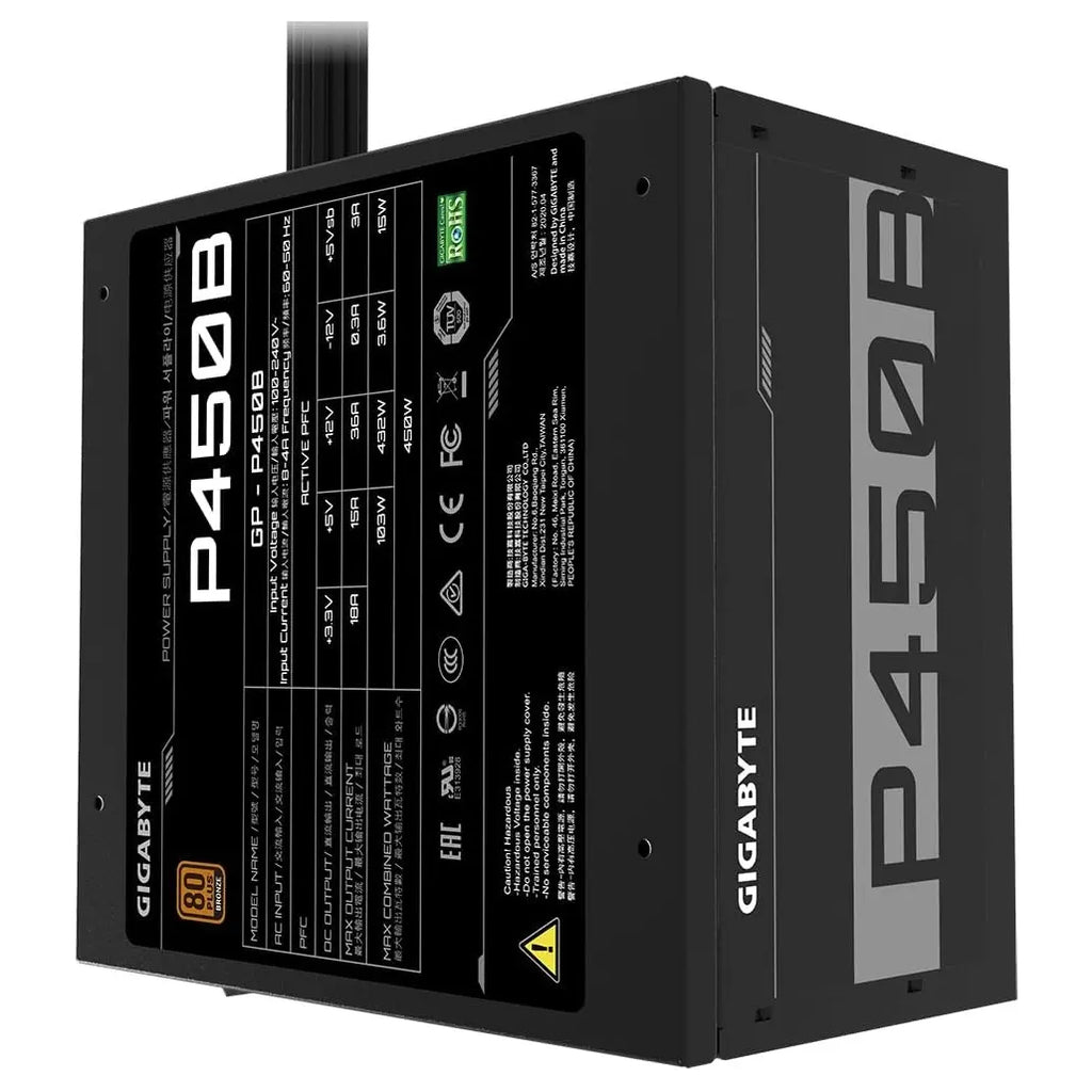 GIGABYTE P450B ATX Power Supply, 450W, 80 Plus Bronze, 120mm Hydraulic Bearing Fan, Single +12V Rail