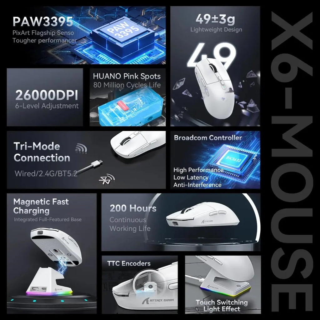 ATTACK SHARK X6 Tri-Mode Gaming Mouse With Charging Dock, 26000 DPI, PixArt PAW3395 Sensor, 49g Superlight, 200 Hours Battery, Ergonomic Design, Black