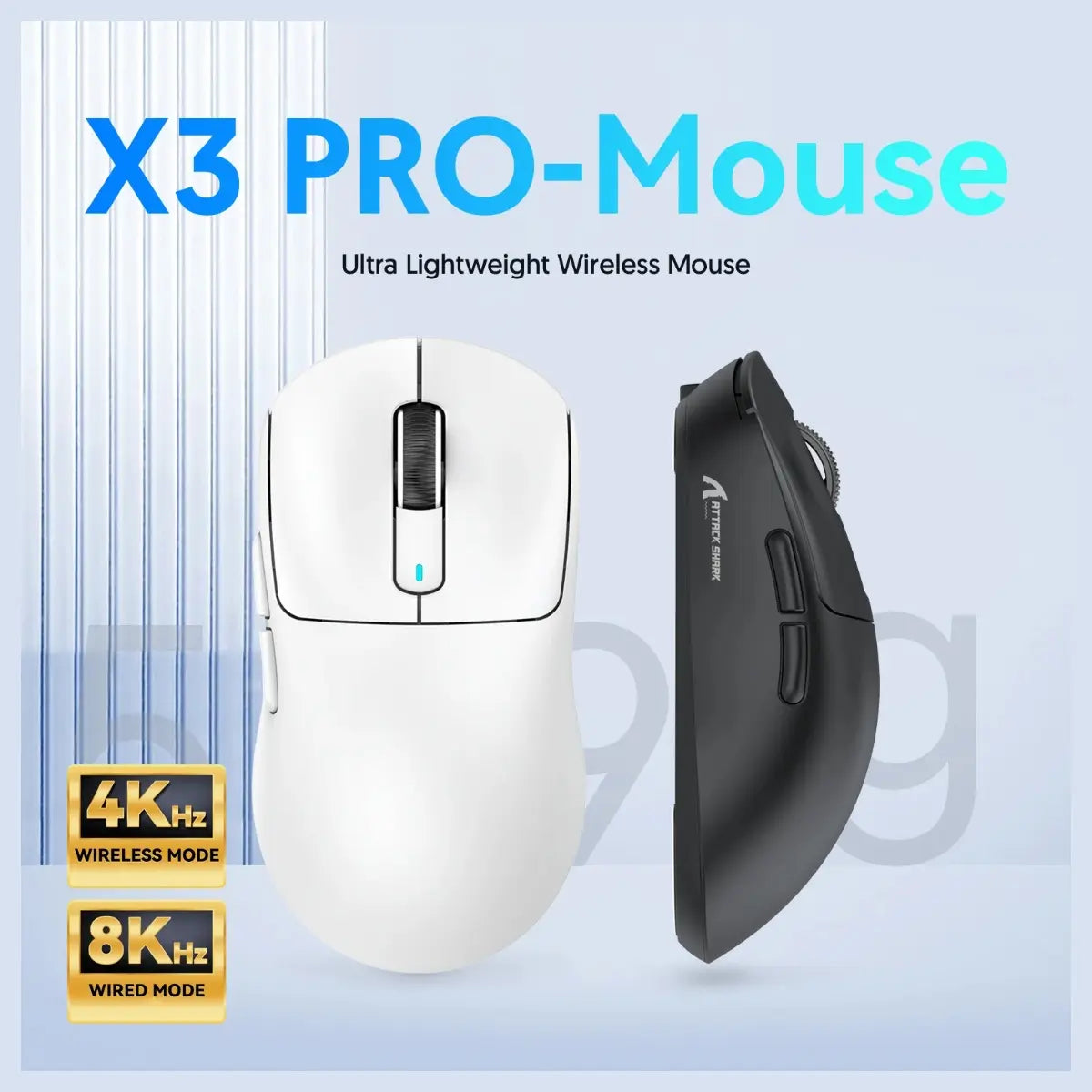 ATTACK SHARK X3 PRO Gaming Mouse, 4K Wired and 8K Wireless, 59g Super Light, PixArt PAW3395 Sensor, BT and 2.4G Wireless and Wired, 6 Adjustable DPI up to 26000, 200 Hours Battery, White