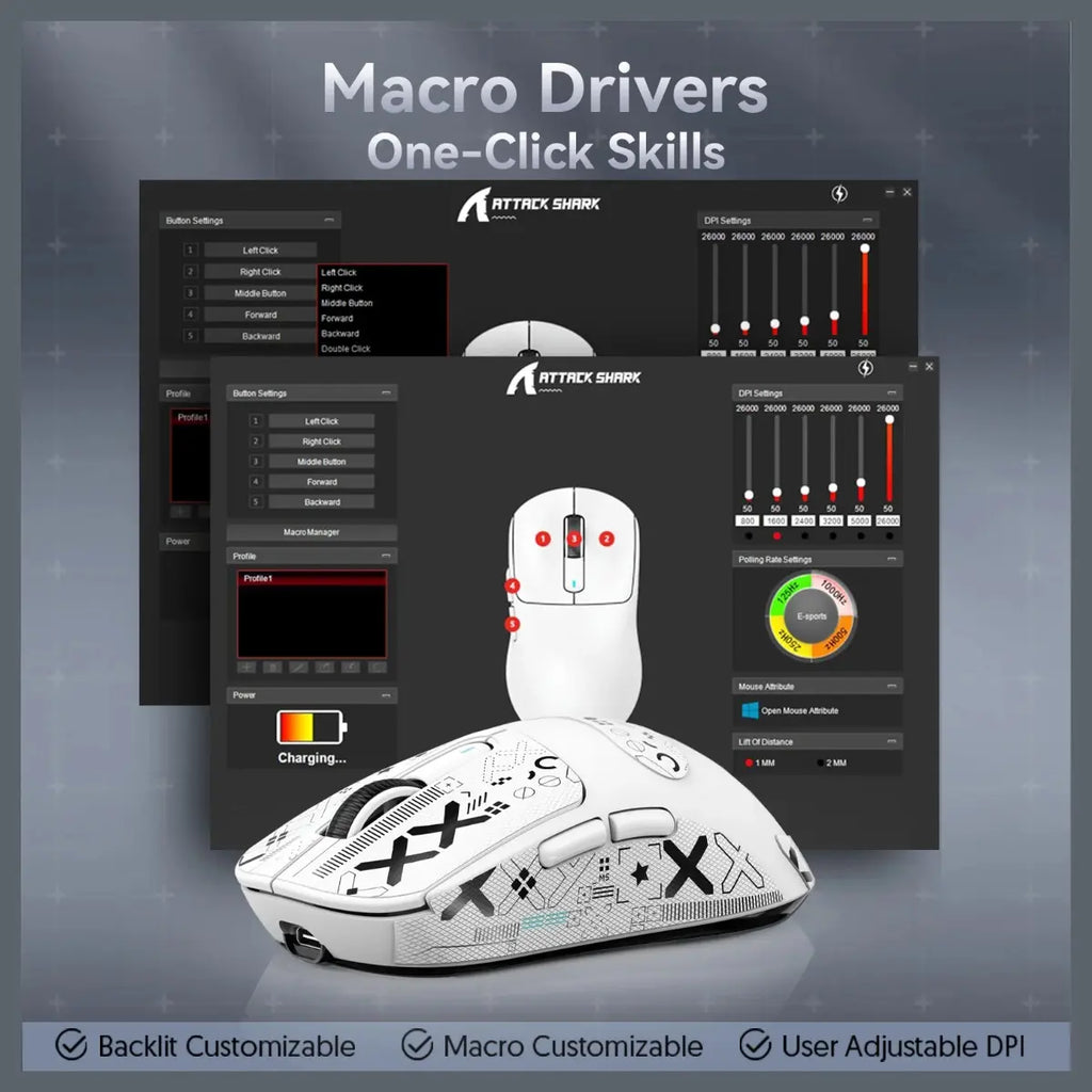 ATTACK SHARK X3 PRO Gaming Mouse, 4K Wired and 8K Wireless, 59g Super Light, PixArt PAW3395 Sensor, BT and 2.4G Wireless and Wired, 6 Adjustable DPI up to 26000, 200 Hours Battery, White