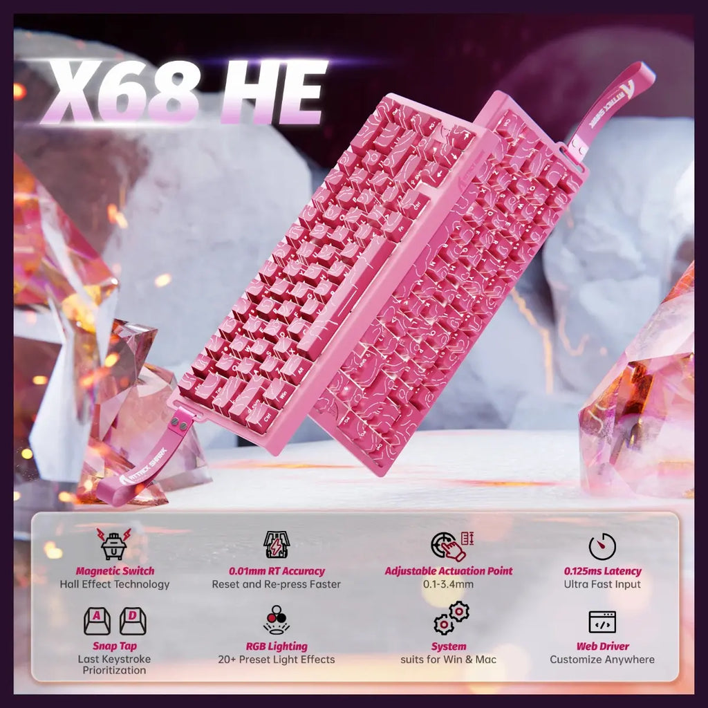 ATTACK SHARK X68 HE Rapid Trigger Keyboard, 60% Wired 8000Hz, Magnetic Switch, 0.01mm RT Accuracy, Adjustable Actuation 0.1-3.4mm, RGB Backlight, Pink Contours