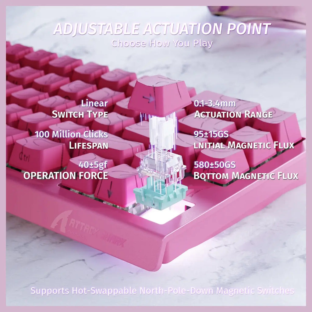 ATTACK SHARK X68 HE Rapid Trigger Keyboard, 60% Wired 8000Hz, Magnetic Switch, 0.01mm RT Accuracy, Adjustable Actuation 0.1-3.4mm, RGB Backlight, Pink Contours