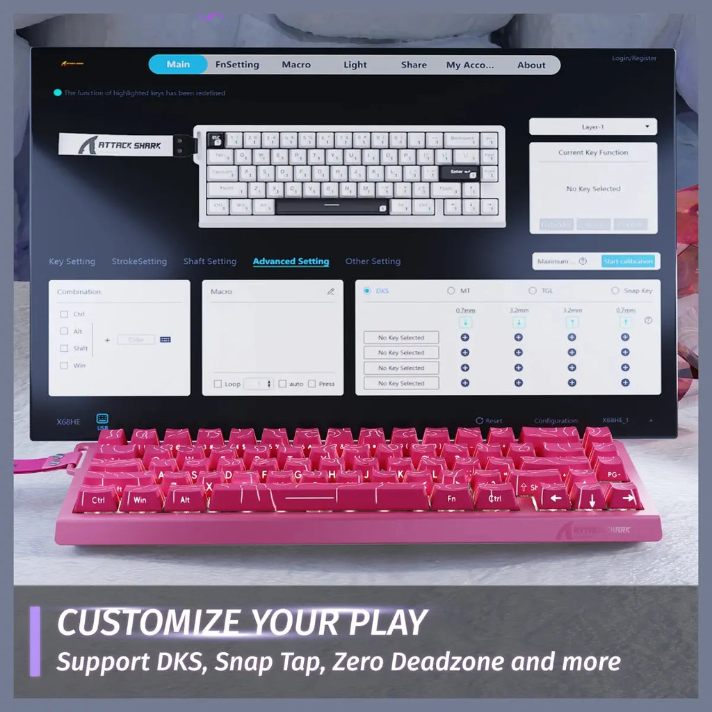 ATTACK SHARK X68 HE Rapid Trigger Keyboard, 60% Wired 8000Hz, Magnetic Switch, 0.01mm RT Accuracy, Adjustable Actuation 0.1-3.4mm, RGB Backlight, Pink Contours