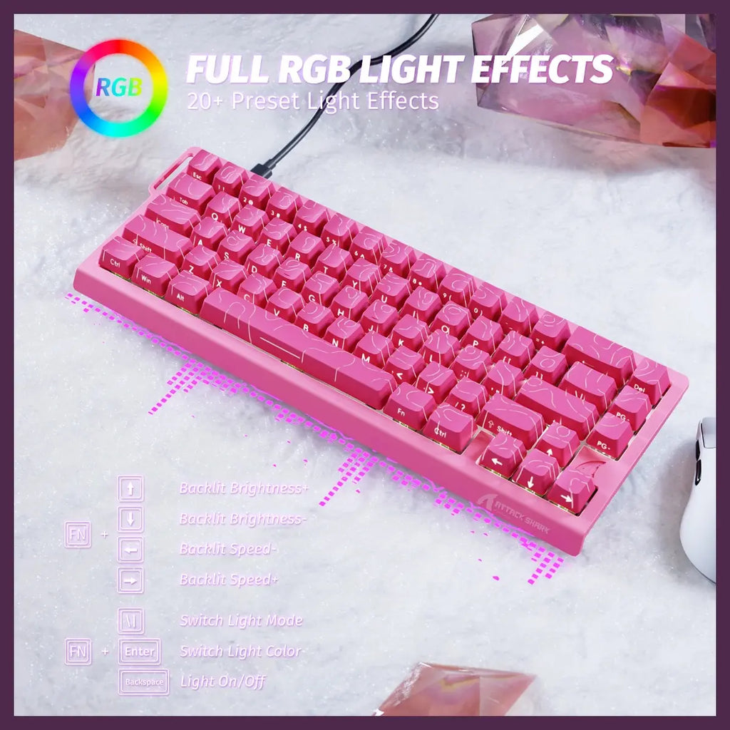 ATTACK SHARK X68 HE Rapid Trigger Keyboard, 60% Wired 8000Hz, Magnetic Switch, 0.01mm RT Accuracy, Adjustable Actuation 0.1-3.4mm, RGB Backlight, Pink Contours