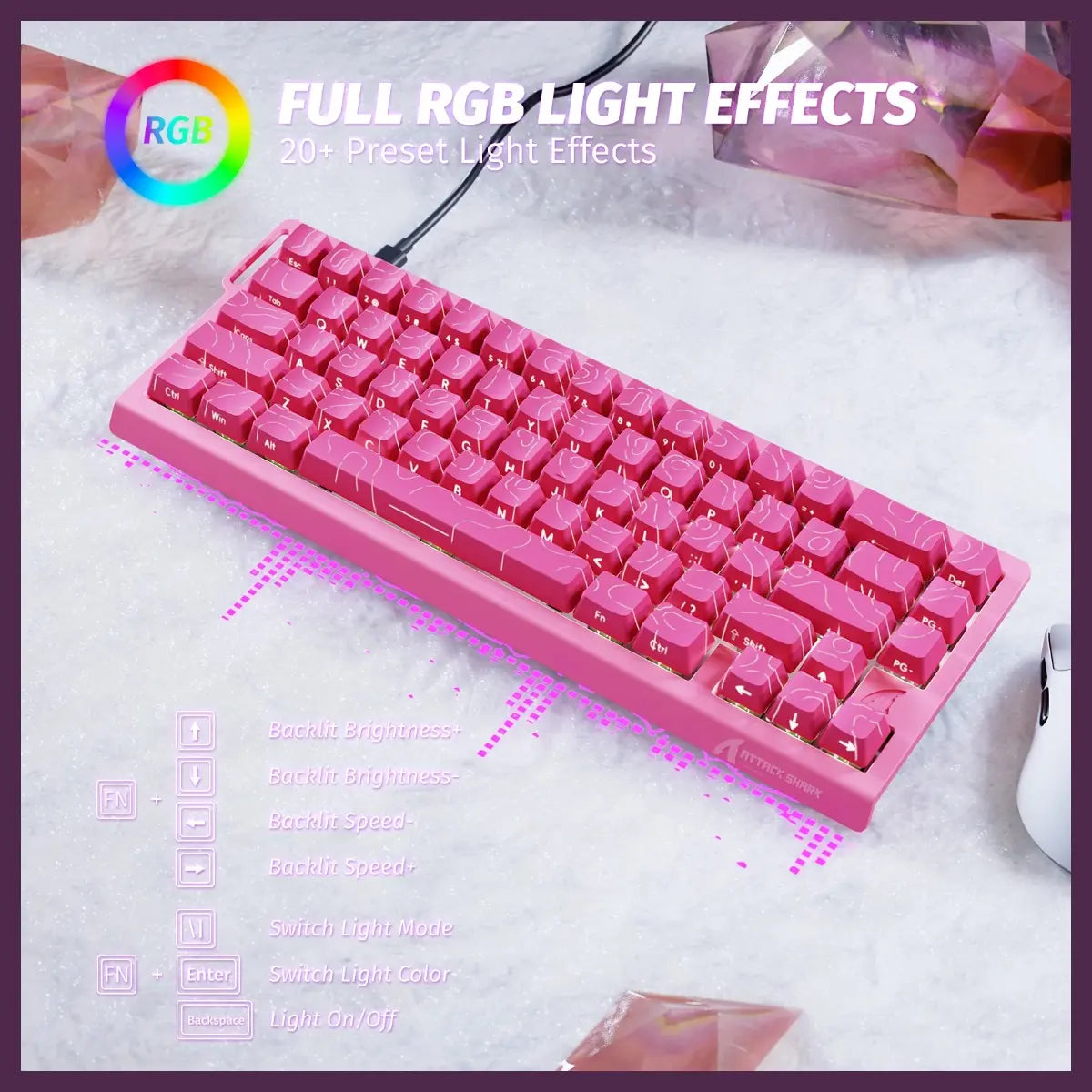 ATTACK SHARK X68 HE Rapid Trigger Keyboard, 60% Wired 8000Hz, Magnetic Switch, 0.01mm RT Accuracy, Adjustable Actuation 0.1-3.4mm, RGB Backlight, Pink Contours
