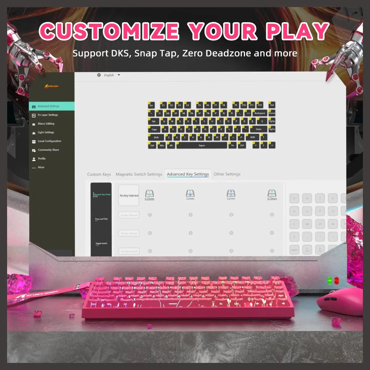 ATTACK SHARK R82 HE Rapid Trigger Keyboard, 75% Wired 8000Hz, 0.005mm RT Accuracy, Adjustable Actuation 0.1-3.4mm, Snap Tap, DKS, RGB Backlight, Pink Contours