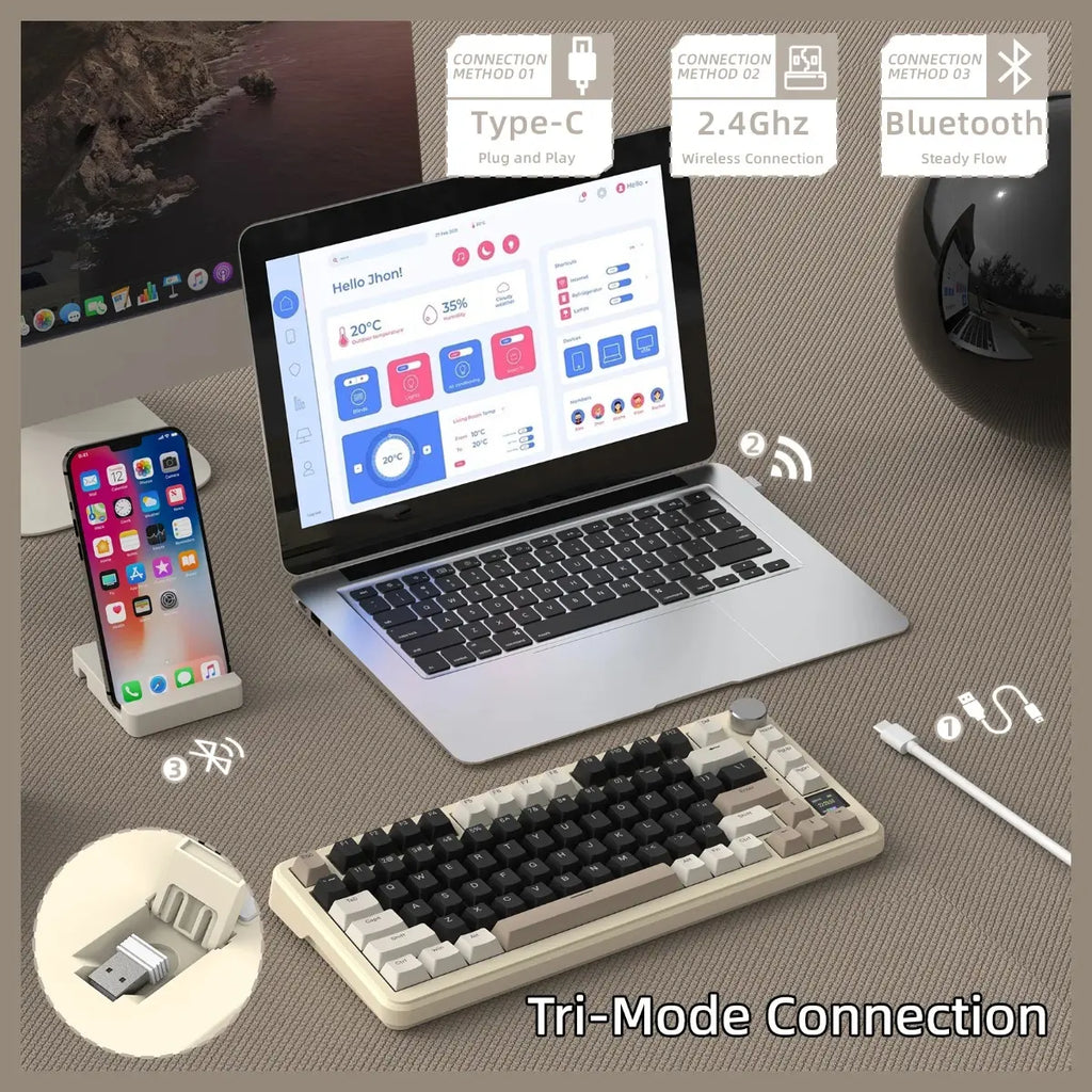 ATTACK SHARK X85 PRO 75% Tri-Mode Gasket Mechanical Keyboard, TFT Smart Display and CNC Knob, 5-Layer Padding, Hot-Swappable Blueberry Linear Switch, QMK Support, Cheese White