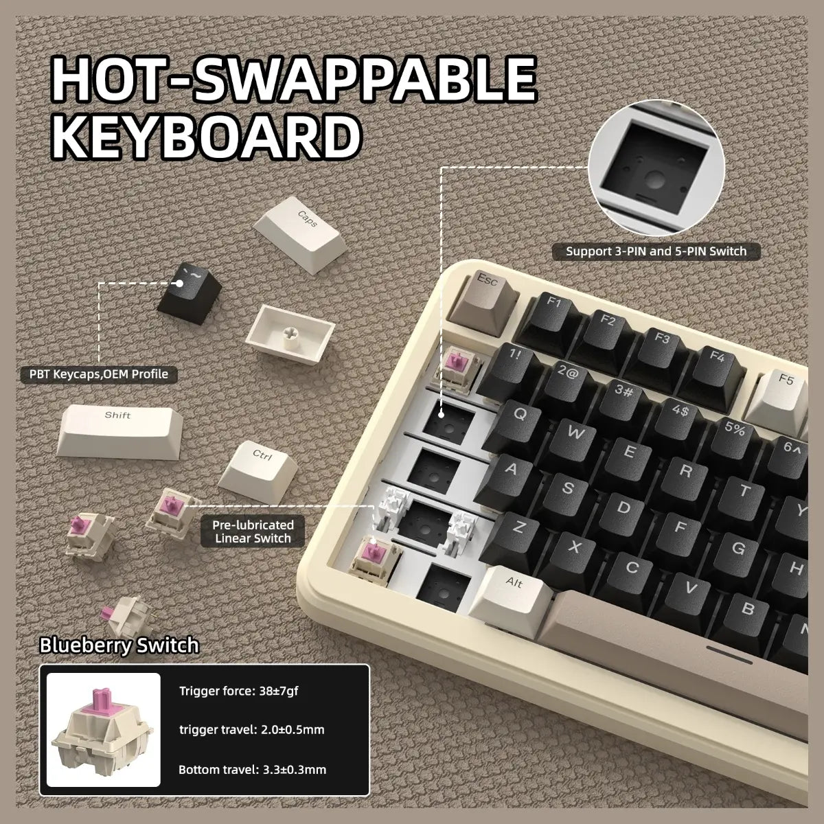 ATTACK SHARK X85 PRO 75% Tri-Mode Gasket Mechanical Keyboard, TFT Smart Display and CNC Knob, 5-Layer Padding, Hot-Swappable Blueberry Linear Switch, QMK Support, Cheese White