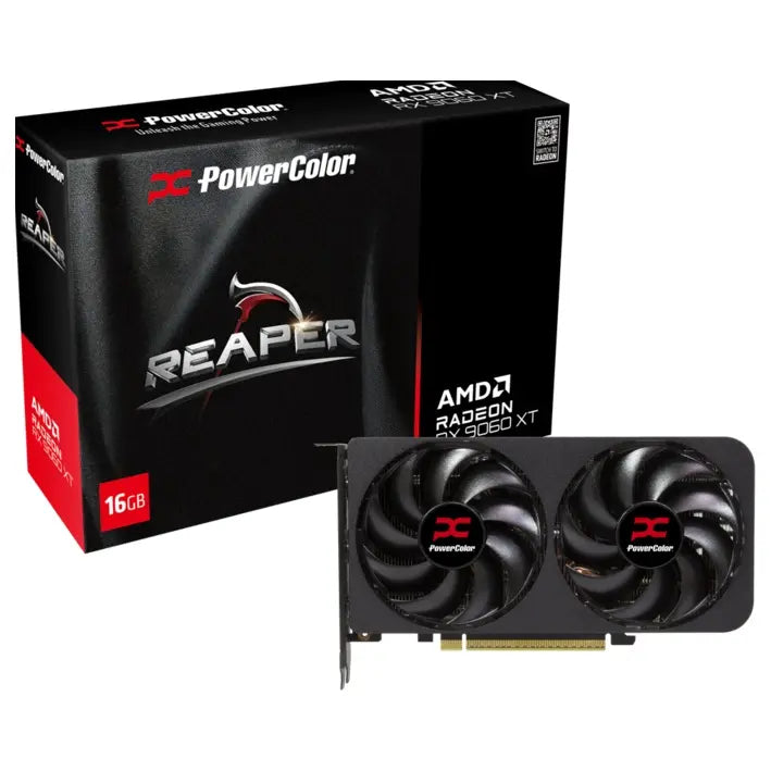 PowerColor Reaper Radeon RX 9060 XT Video Card, 16GB 128-Bit GDDR6, Boost Clock 3230MHz, PCI Express 5.0 x16, HDMI 2.1b and 2x DisplayPort 2.1a, RX9060XT 16G-A