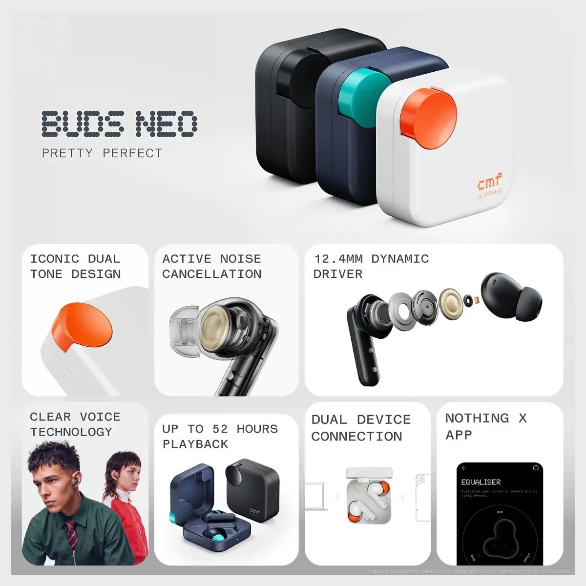 CMF BY NOTHING Buds Neo True Wireless Earbuds, 52H Playtime, 35dB Active Noise Cancelling, Bluetooth 6.0, 12.4mm Dynamic Driver, Black